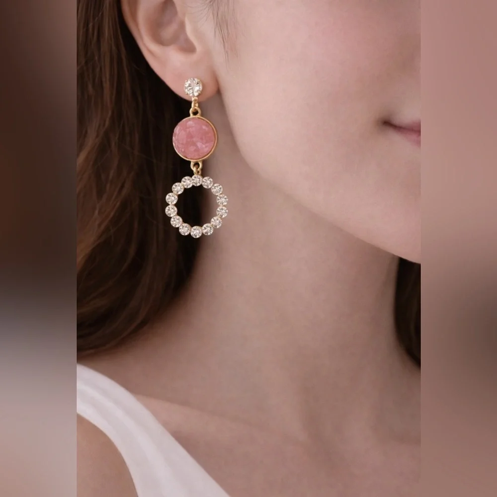 Pastel Faux Pink Stone Crystal Gold Rhinestone Earrings Dangle Drop Party NEW